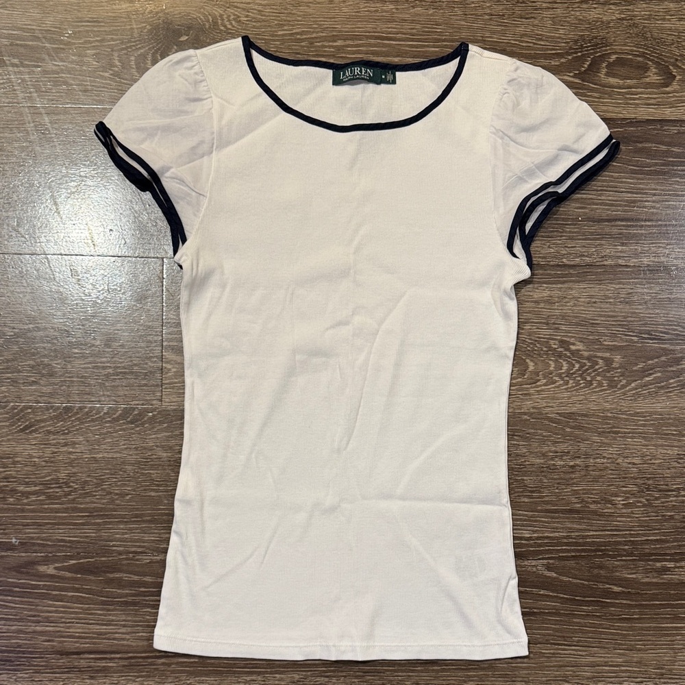 Lauren Ralph Lauren White Short Sleeve Tee with Dark Navy Trim